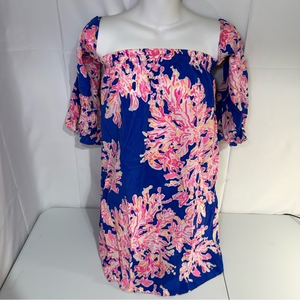 Lilly Pulitzer 100% Silk Off Shoulder Coral Print Mini Tunic Dress XXS